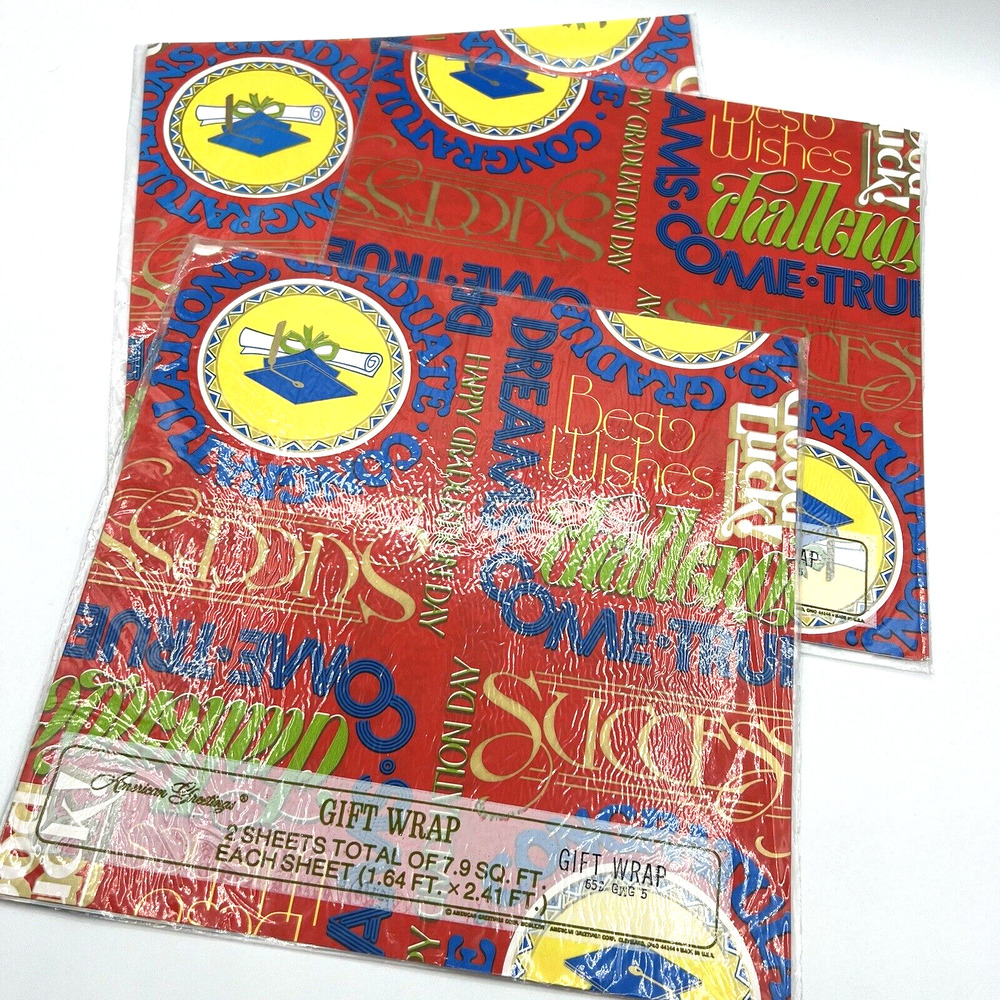 Vintage American Greetings Gift Wrap Wrapping Paper GRADUATION, Lot of 3 Packs